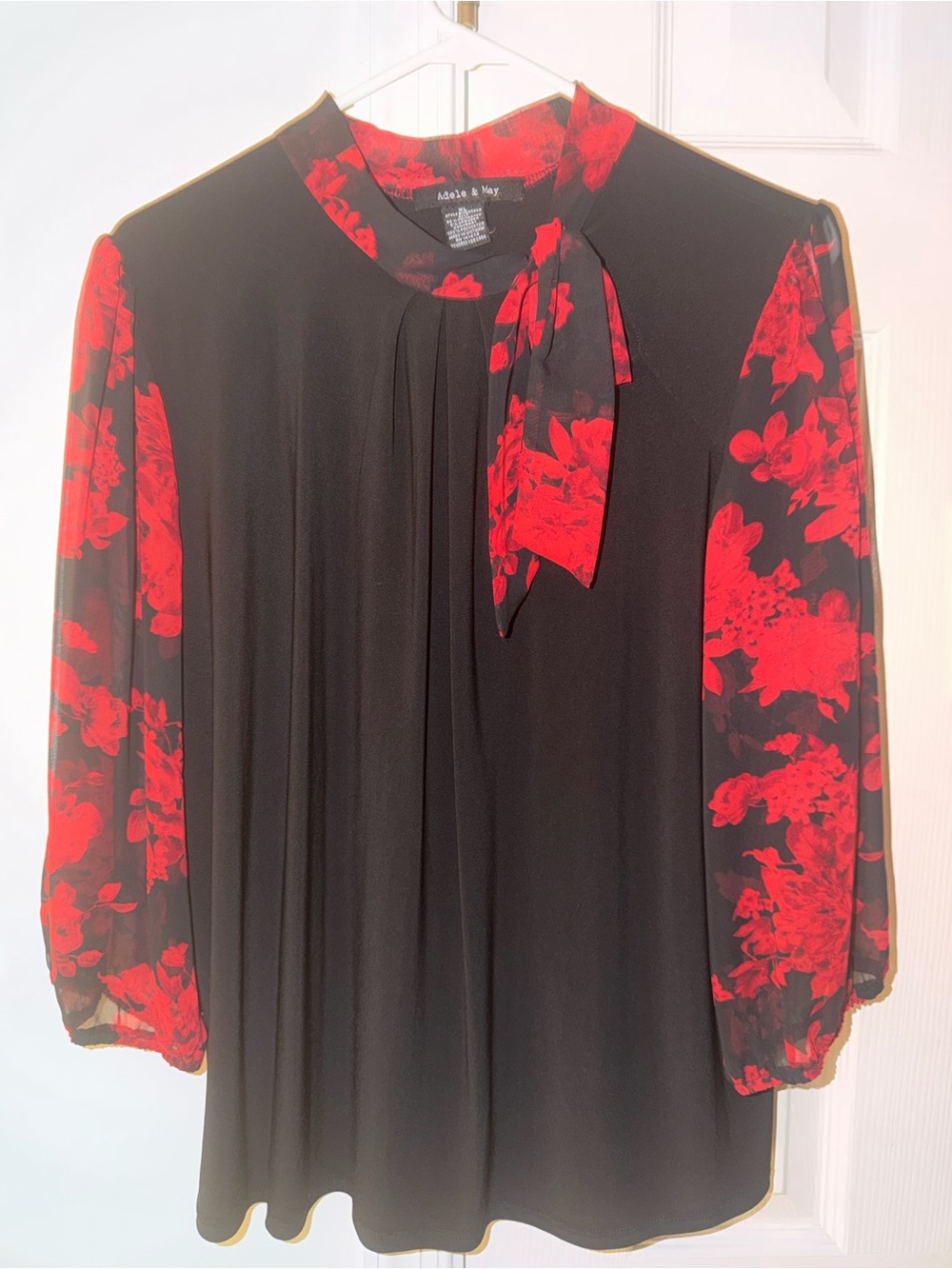 Adele & May black blouse red floral sheer sleeves and a mat